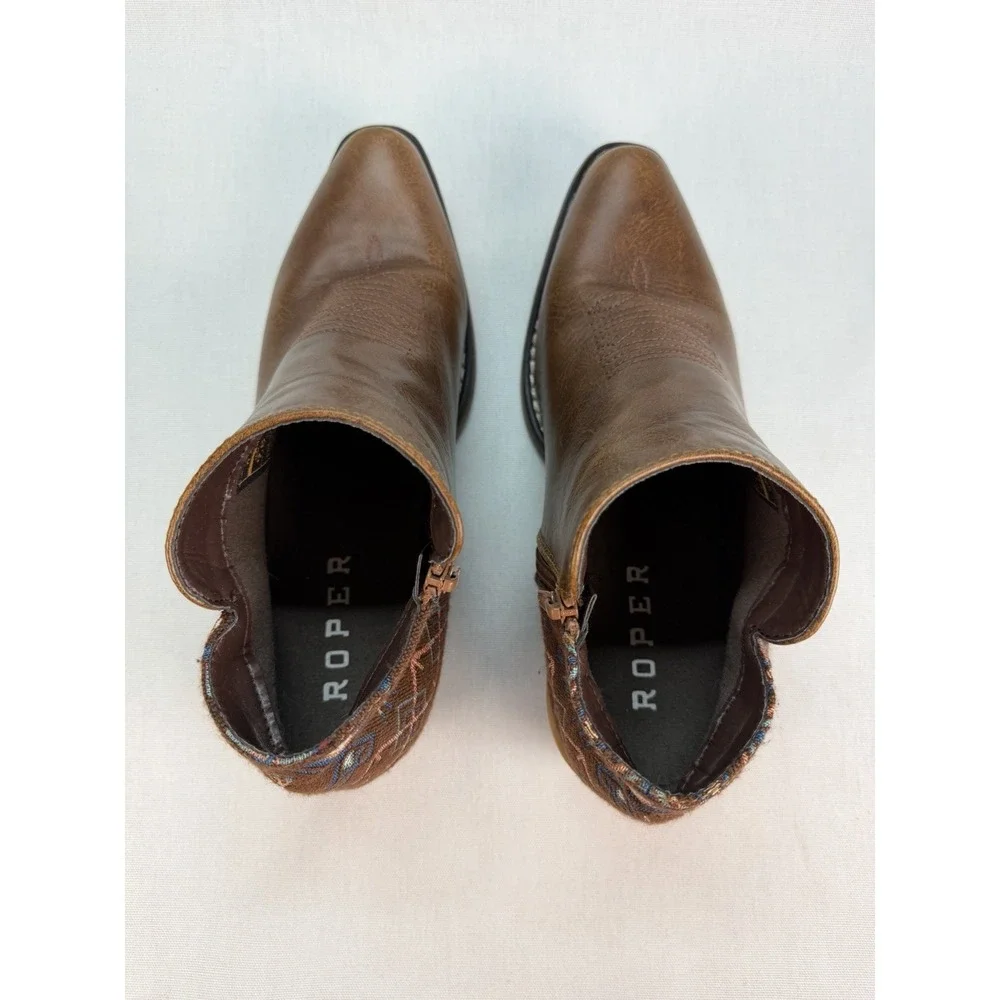 Roper Sedona Ankle‎ Boots Womens 7.5 Brown Faux Leather Aztec Print Western Boho